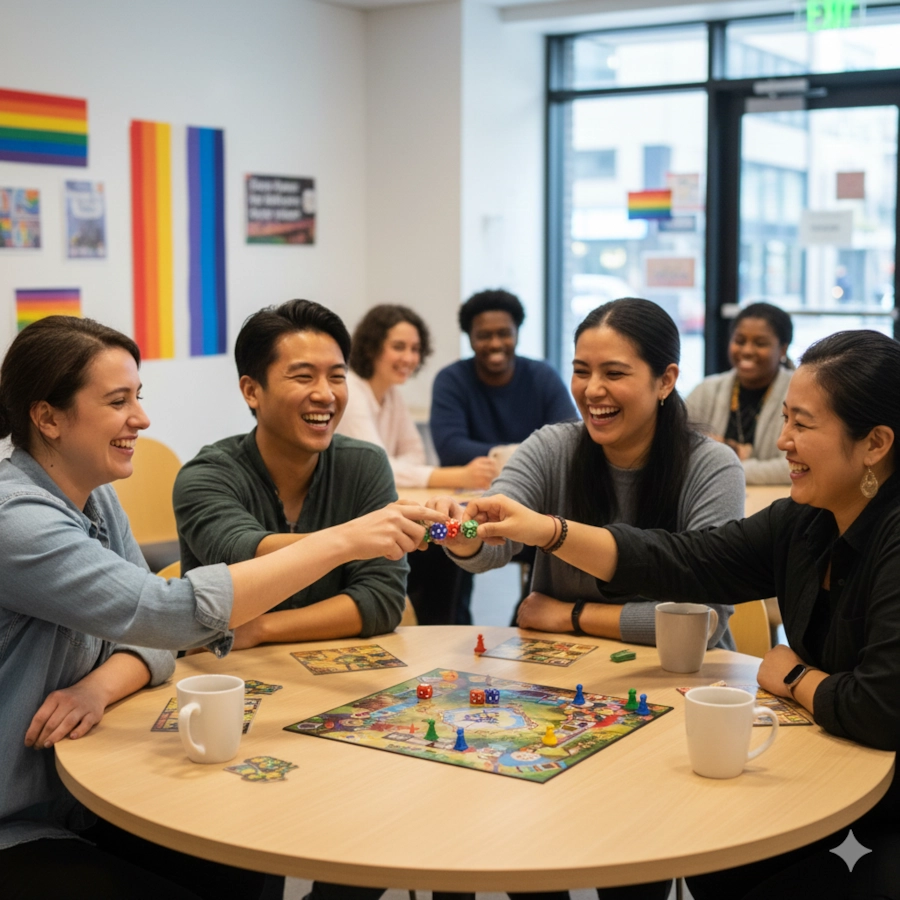 Inclusive LGBTQ+ board gaming community at a friendly game night