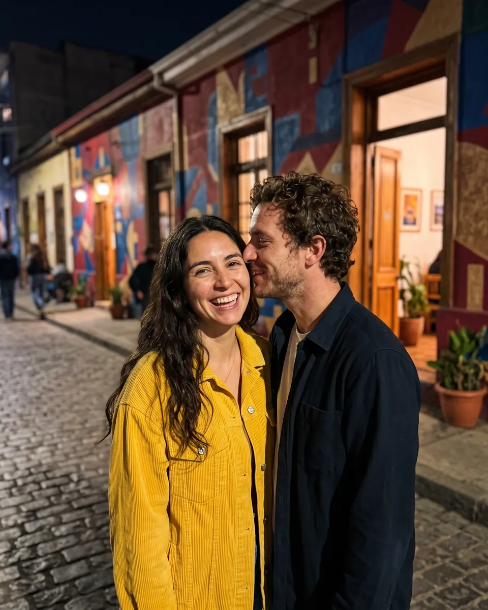 Una pareja abrazada sonríe de noche en una calle de Barrio Bellavista, en Santiago, con murales de colores en las fachadas (imagen generada por IA)