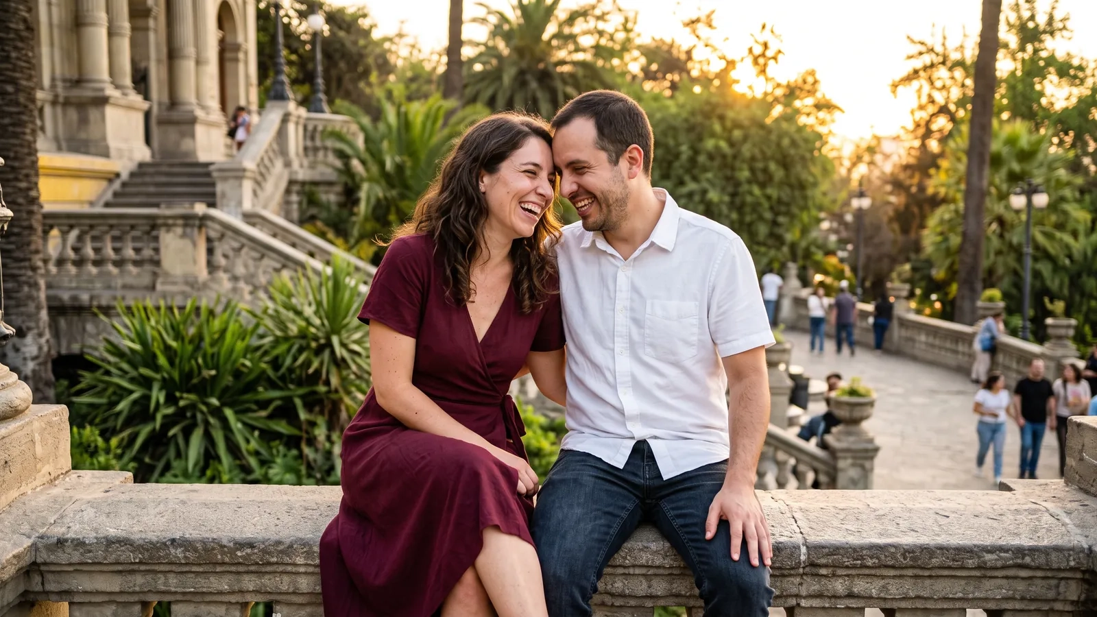 Una pareja sentada muy junta en la balaustrada de una terraza del Cerro Santa Lucía al atardecer, riendo con las cabezas pegadas (imagen generada por IA)