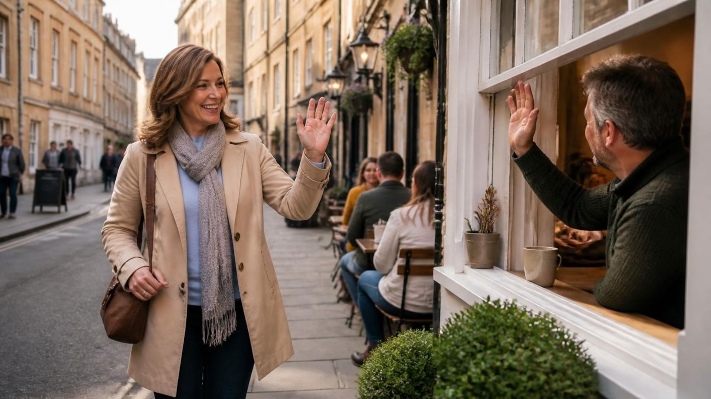 A woman waving hello to a man at a café window on a stone street