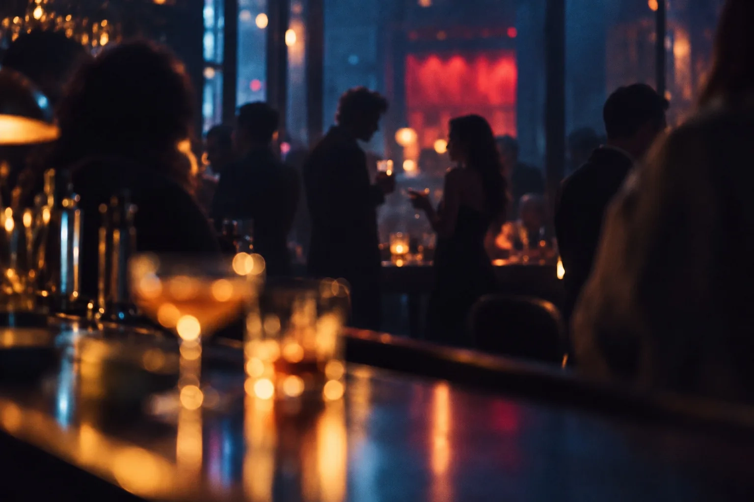 Dos personas conversando de pie entre la gente en un bar concurrido de noche, desenfocadas, con copas en la mano