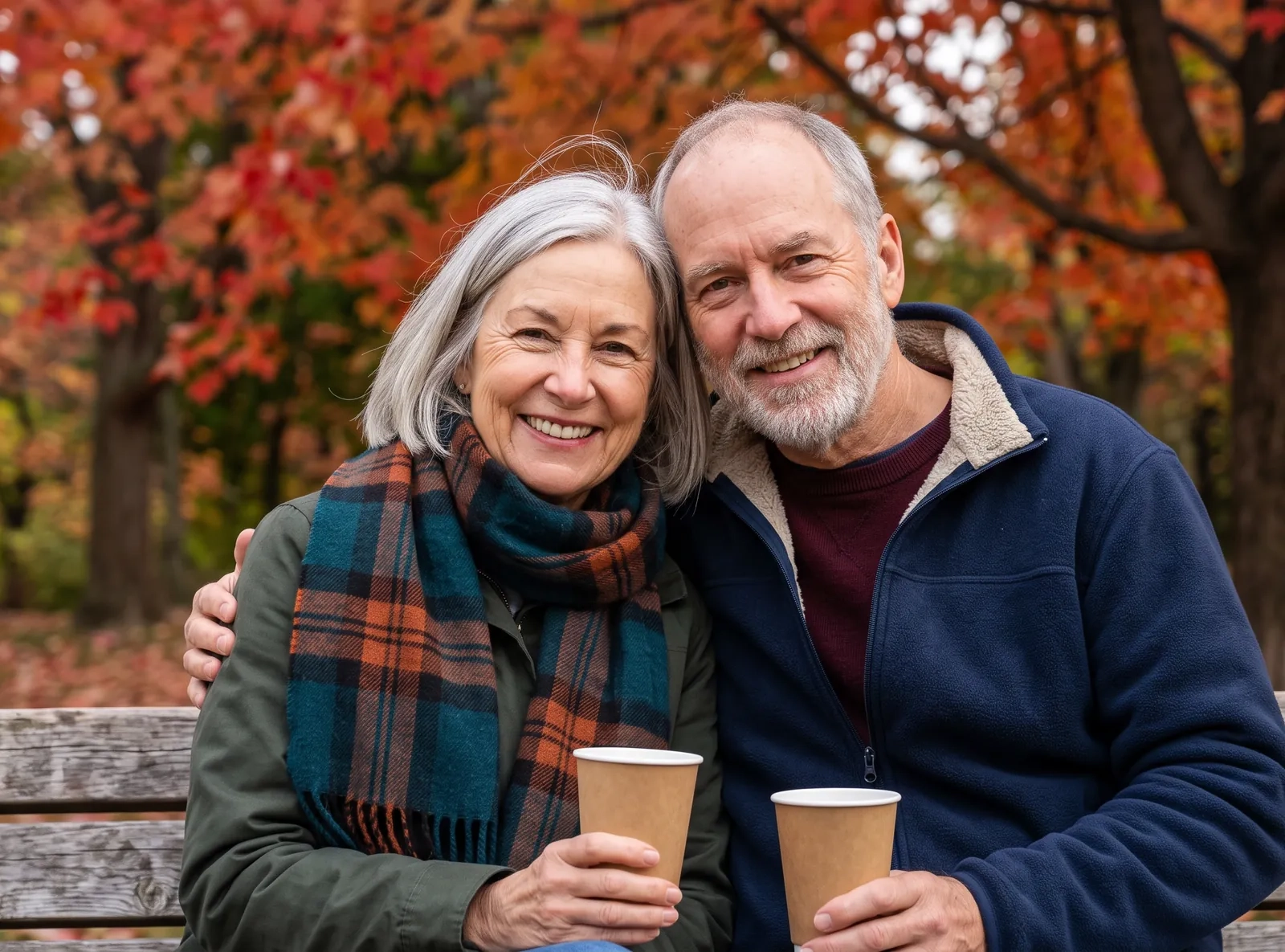 A couple in their sixties sit close together on a park bench under red and orange maple trees, each holding a paper cup of coffee (AI-generated image)