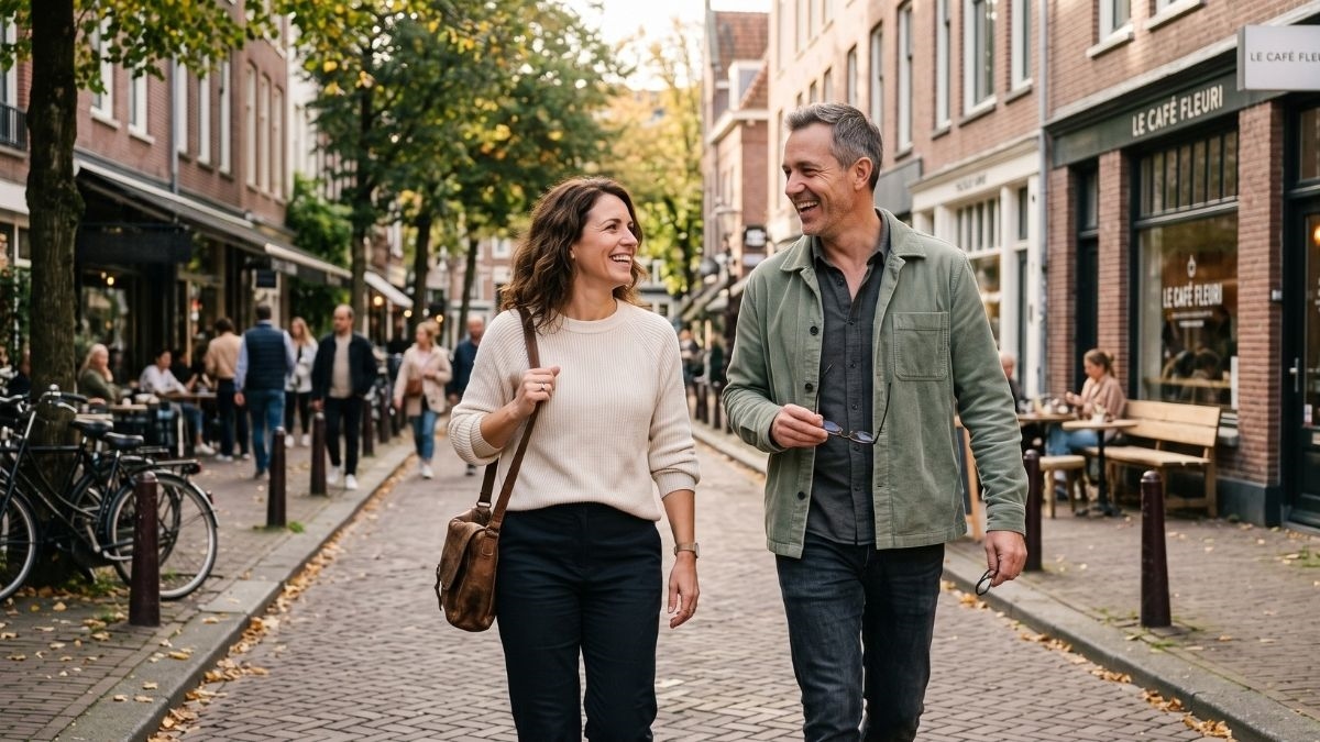 A couple walking together down a tree-lined street
