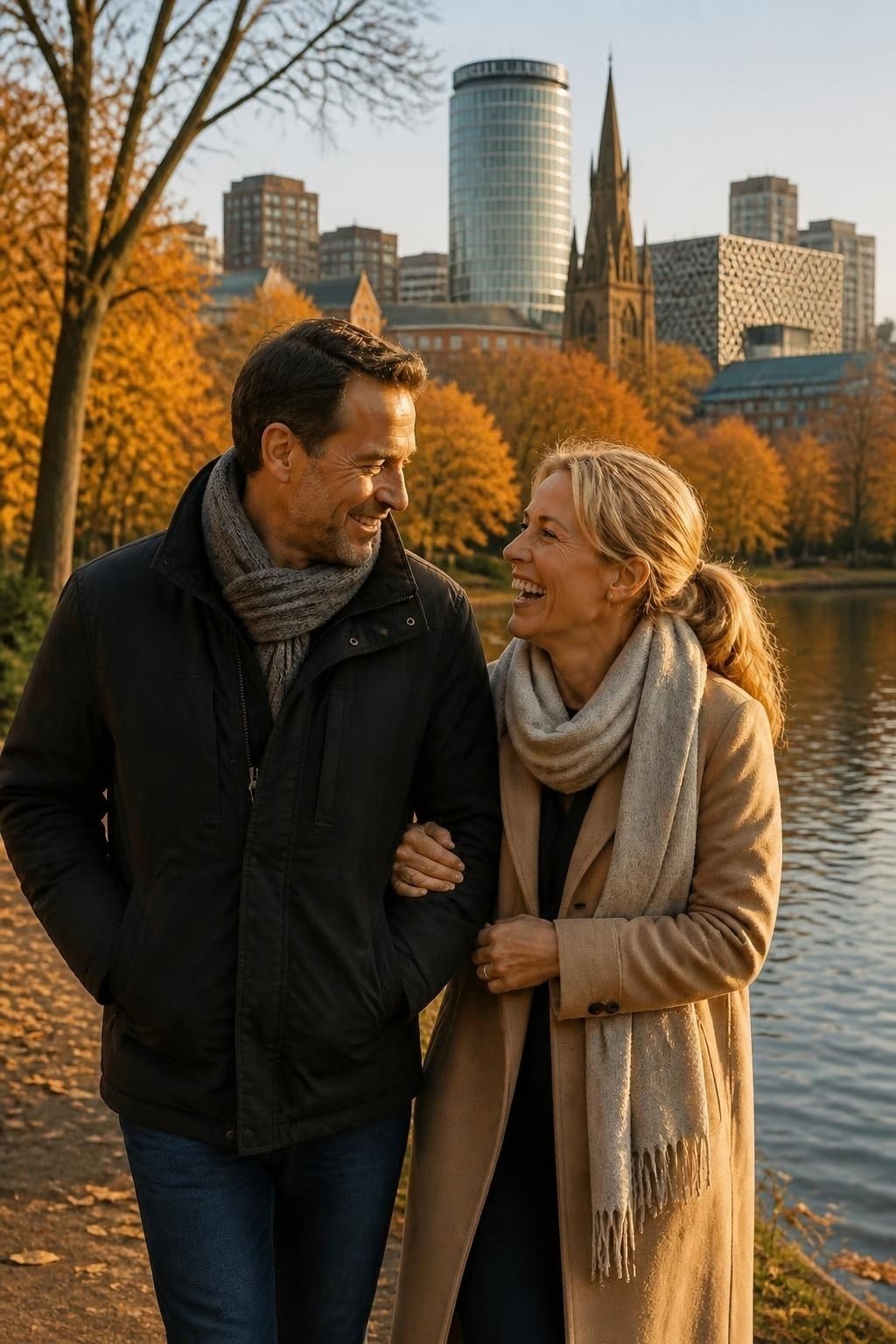 A happy couple walking arm in arm beside a lake in a city park in autumn