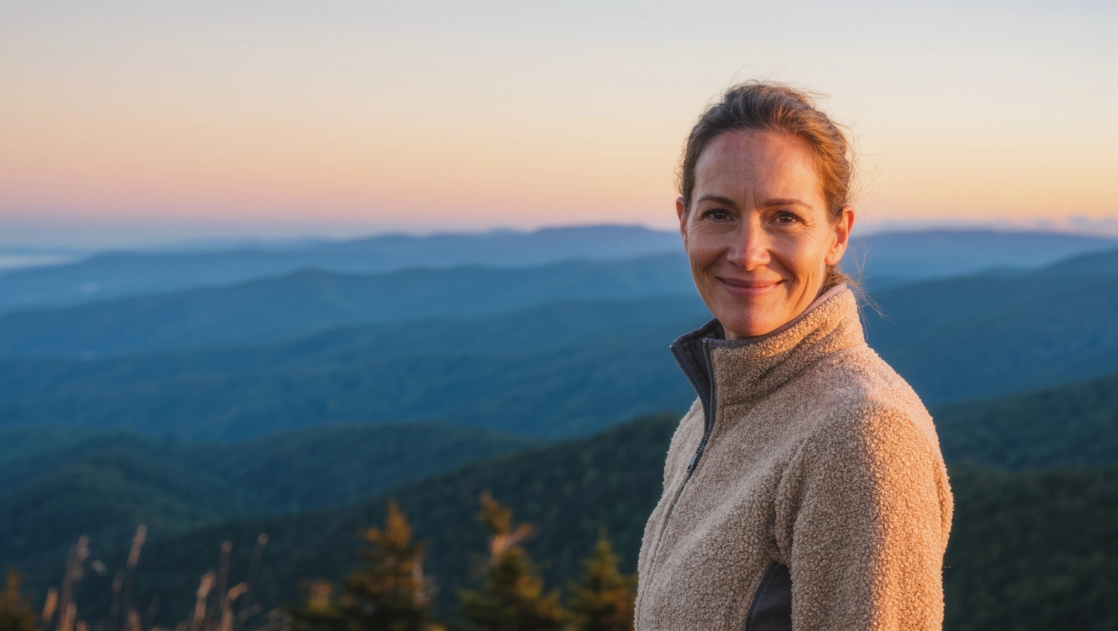A smiling woman at a Blue Ridge Mountains overlook at sunrise in North Carolina