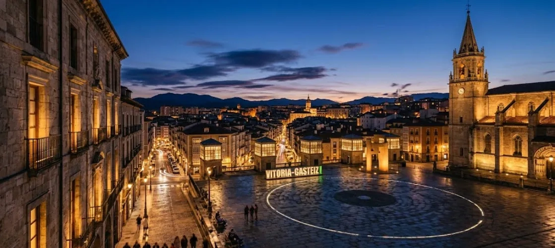Vista nocturna de Vitoria-Gasteiz con la plaza y el casco antiguo iluminados