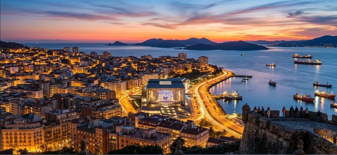 Vista aérea de Vigo al atardecer con la ría al fondo