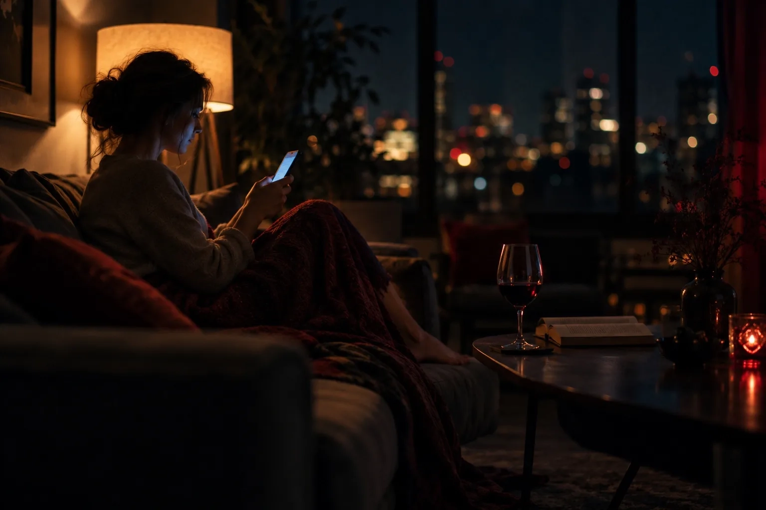 Una mujer adulta sentada en el sofá de su casa por la noche mirando el teléfono, con las luces de la ciudad al fondo