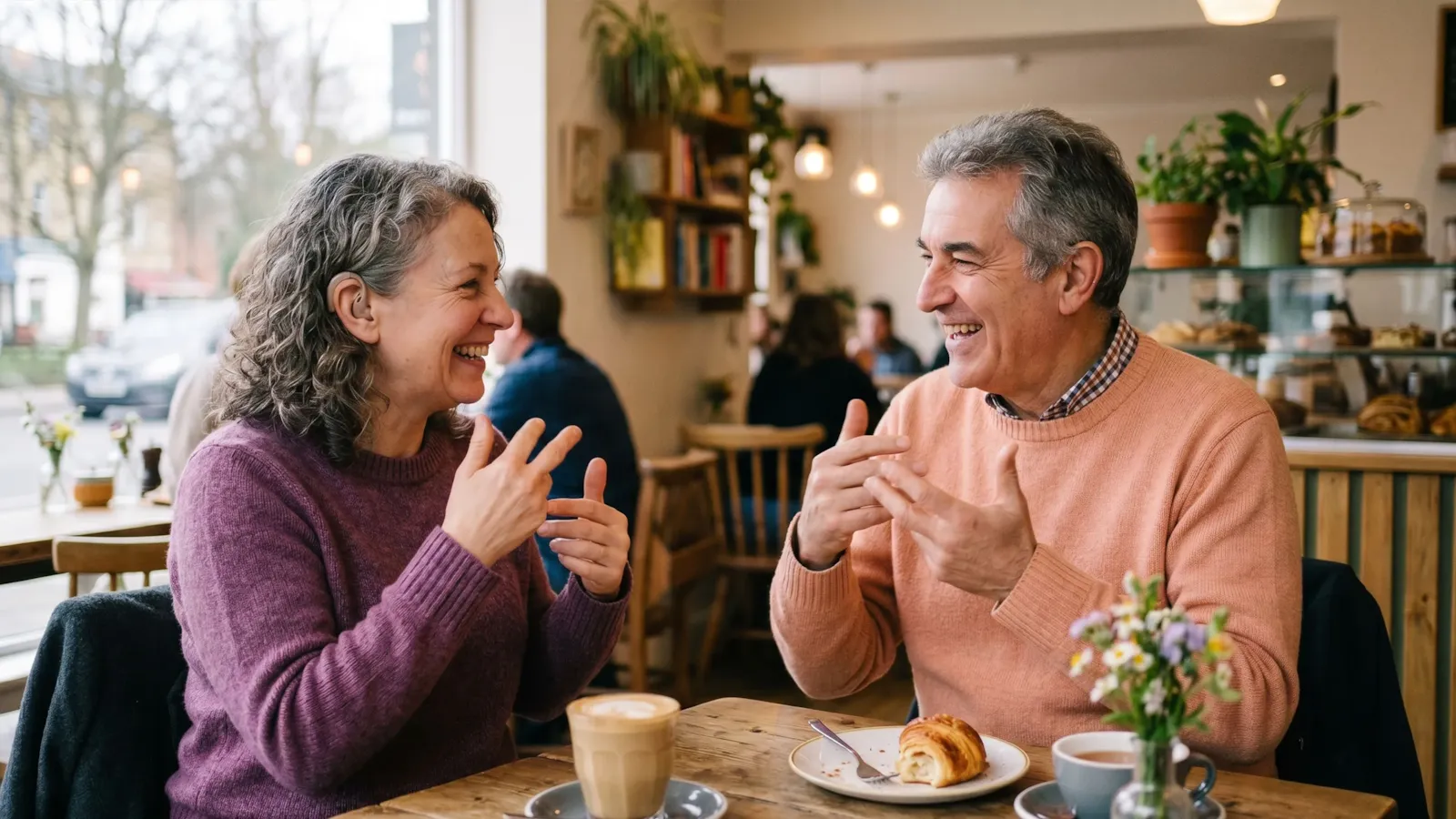 A couple chatting in sign language over coffee in a bright café; one wears a hearing aid