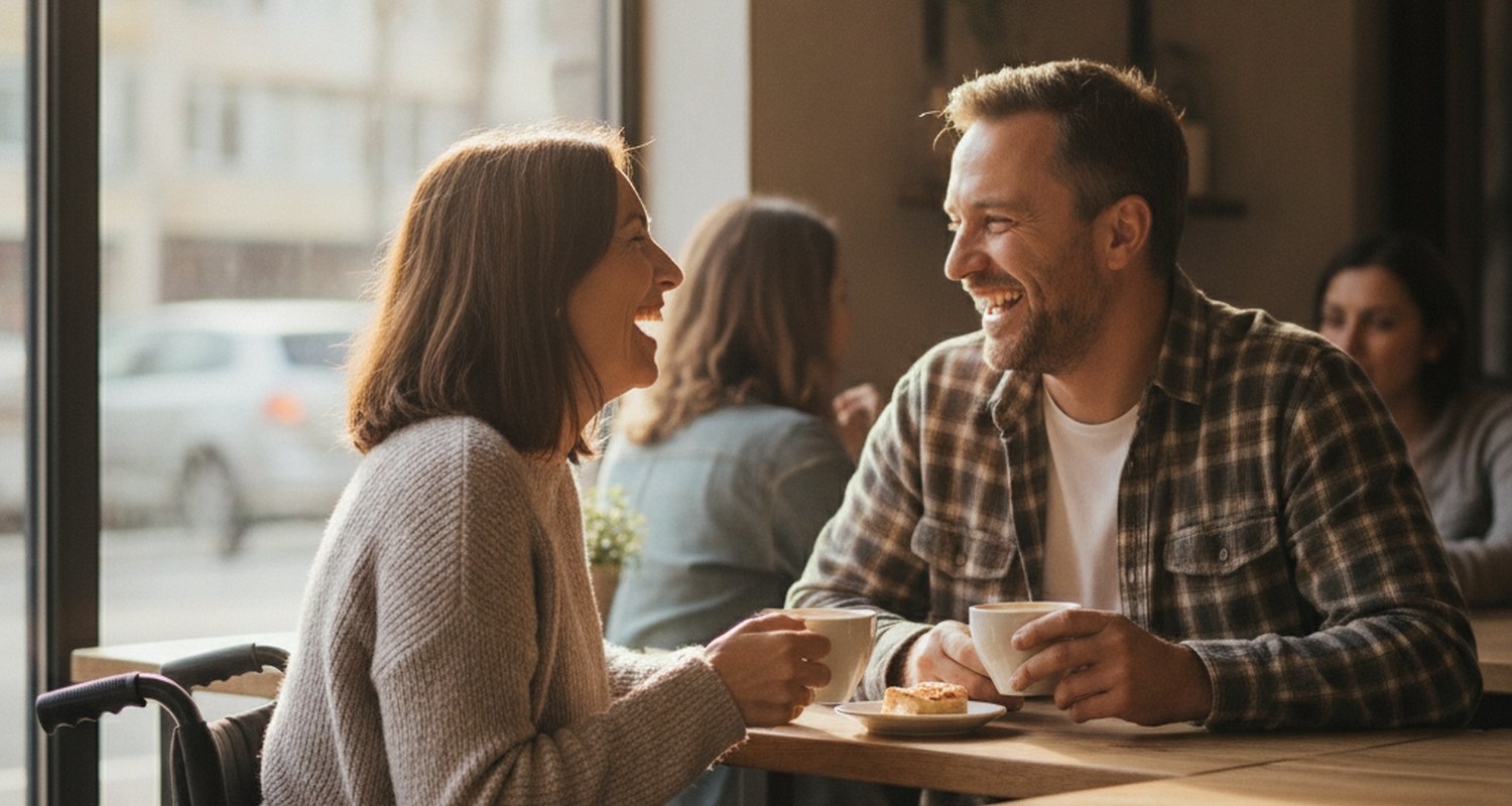 A couple laughing together over coffee at a sunlit cafe, one partner a wheelchair user
