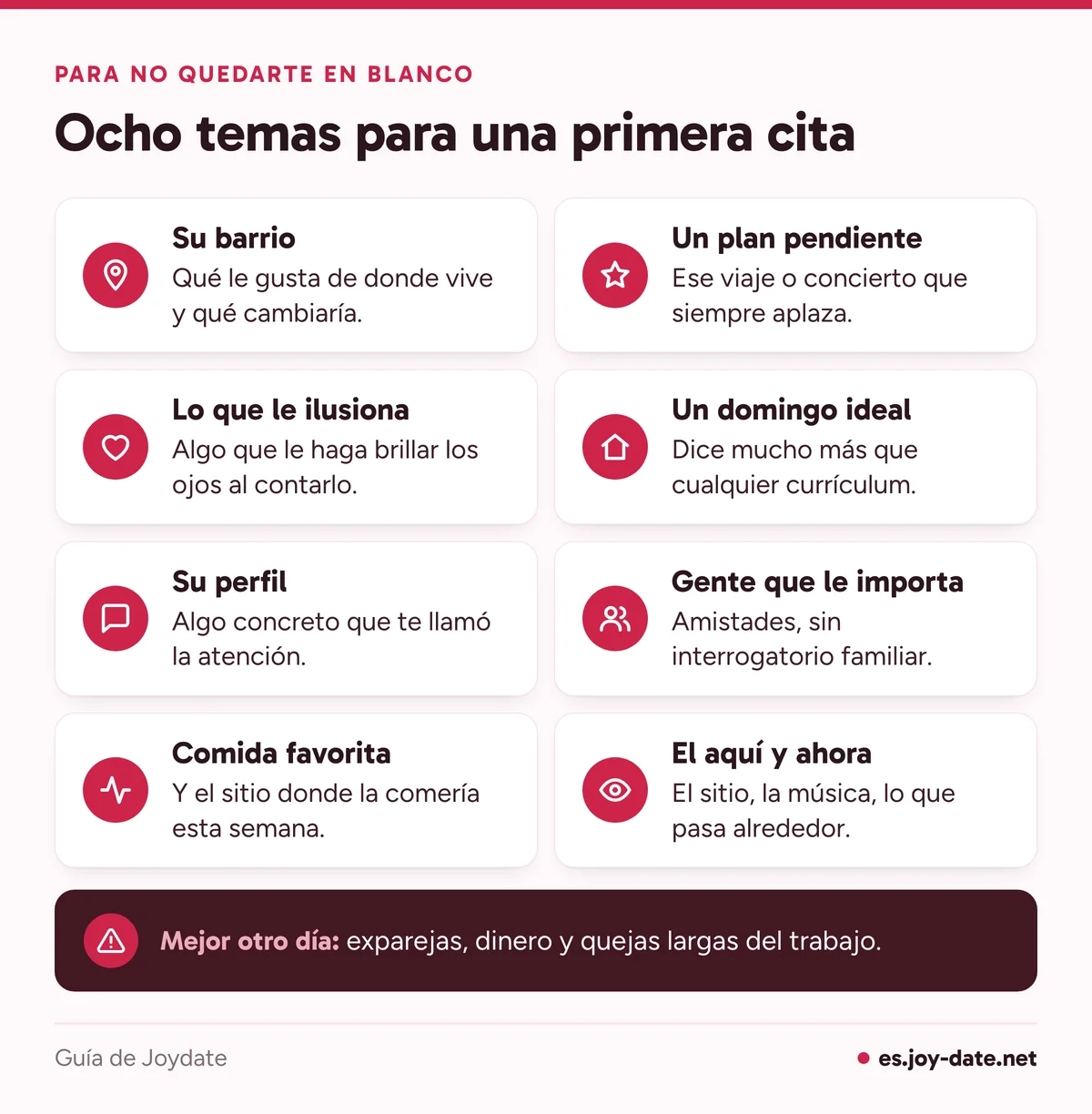 Ocho temas de conversación para una primera cita, del barrio y los planes pendientes al domingo ideal, y tres temas para dejar para otro día