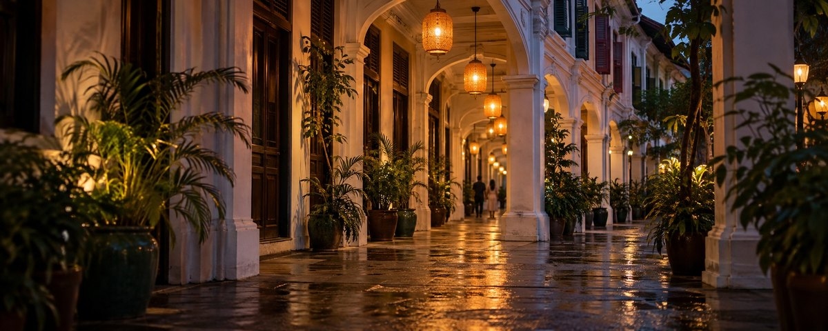 A covered shophouse walkway in Singapore at dusk, with hanging lanterns, potted palms and rain-wet paving reflecting the light