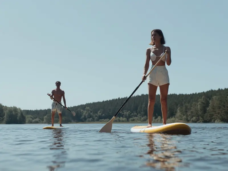 A woman and a man stand-up paddleboarding across a calm, sunny lake lined with pine forest