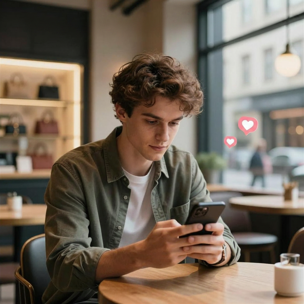 A young man sits in a cafe looking at his phone as small heart icons float beside him