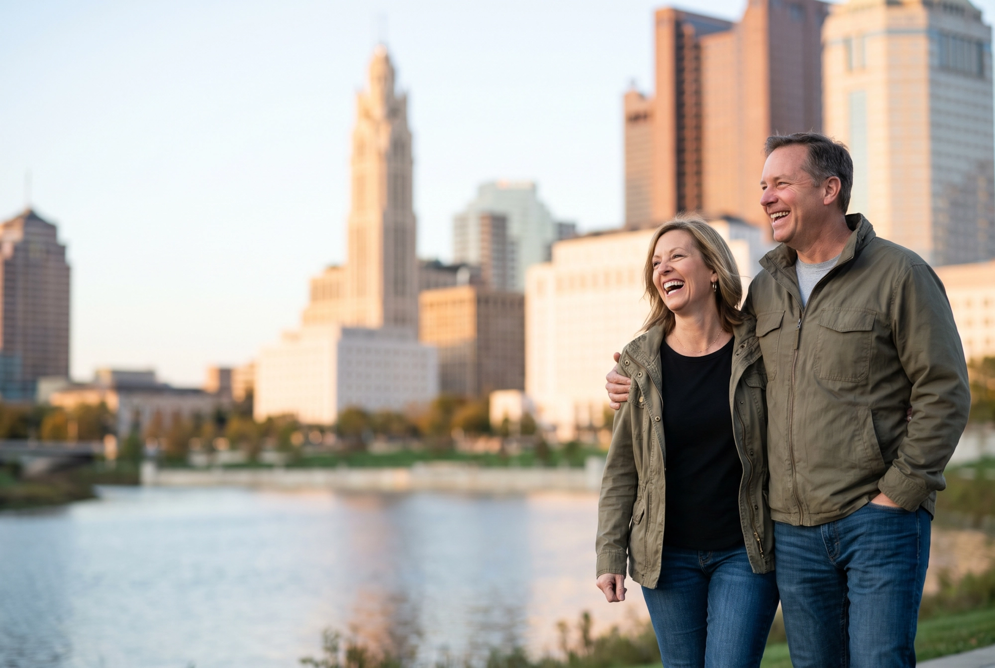 A happy couple laughing together on the Scioto Mile riverfront with the downtown Columbus skyline behind them