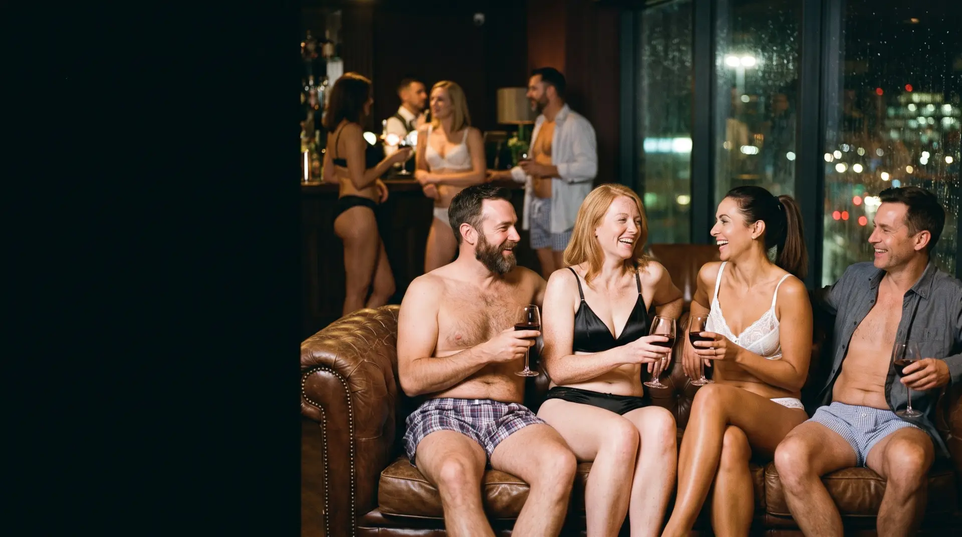 Two couples laughing on a leather sofa, Leeds city lights through the window