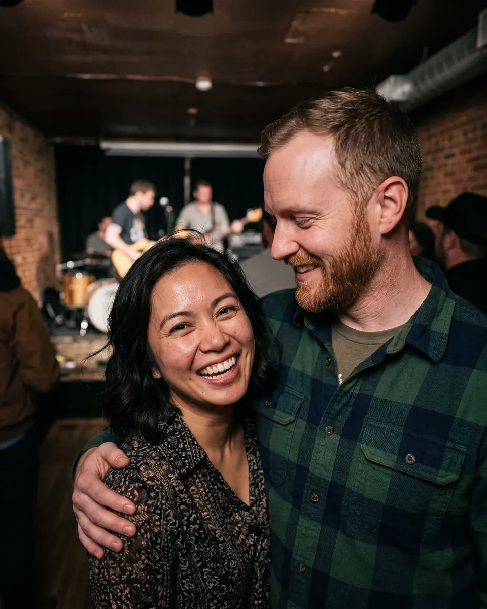 A laughing couple hugging in a small live-music room in Inglewood, Calgary, a band playing behind (AI-generated image)