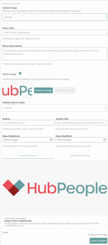 The Social and Schema panel with Content type set to Article, revealing the Article schema type dropdown, Author and Author URL fields, and Date Published and Date Modified fields, each showing an inherited value.
