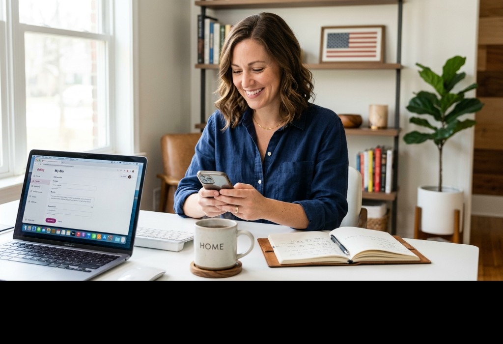 A woman smiling while writing her conservative dating profile at a desk