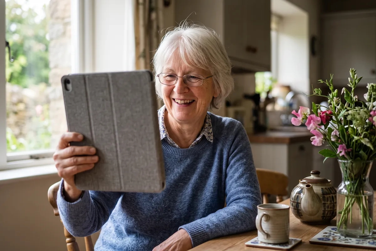 A woman in her early seventies with short white hair and reading glasses smiles as she talks on a video call on a tablet propped up on her kitchen table (AI-generated image)