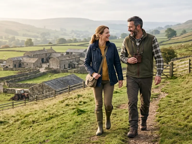 A couple walking a hill path through open countryside