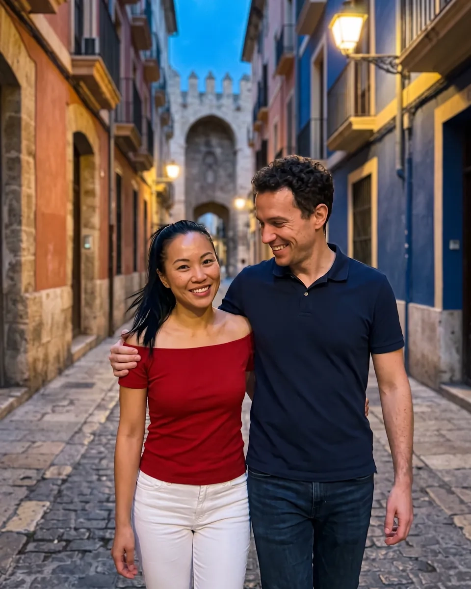 Una pareja pasea sonriente por una calle empedrada del barrio del Carmen en Valencia, con una torre medieval al fondo (imagen generada por IA)
