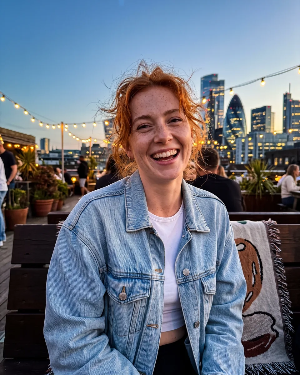 A woman with messy copper-red hair and an oversized denim jacket laughs on a Shoreditch rooftop at dusk, festoon lights and City towers behind her (AI-generated image)