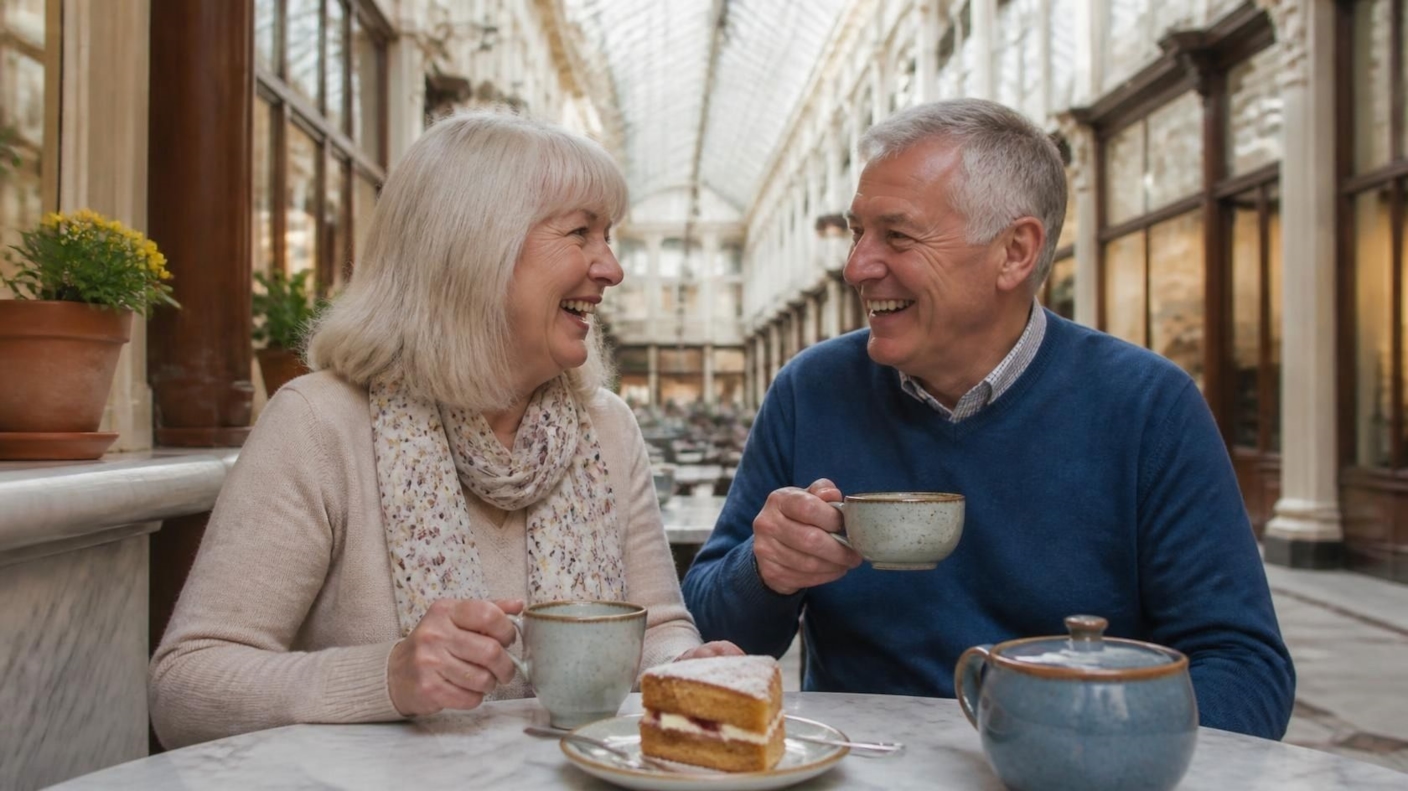 An older couple laughing over tea and cake at a café in a Victorian arcade