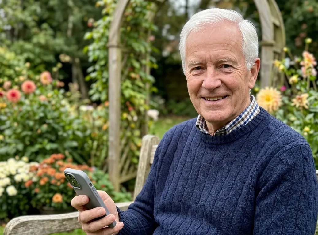 A man in his late sixties with white hair and a navy jumper sits on a bench in his autumn garden, phone in hand, and smiles warmly at the camera (AI-generated image)