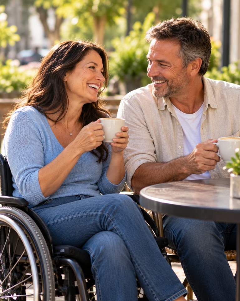 A couple laughing together over coffee at a cafe table, one of them using a wheelchair