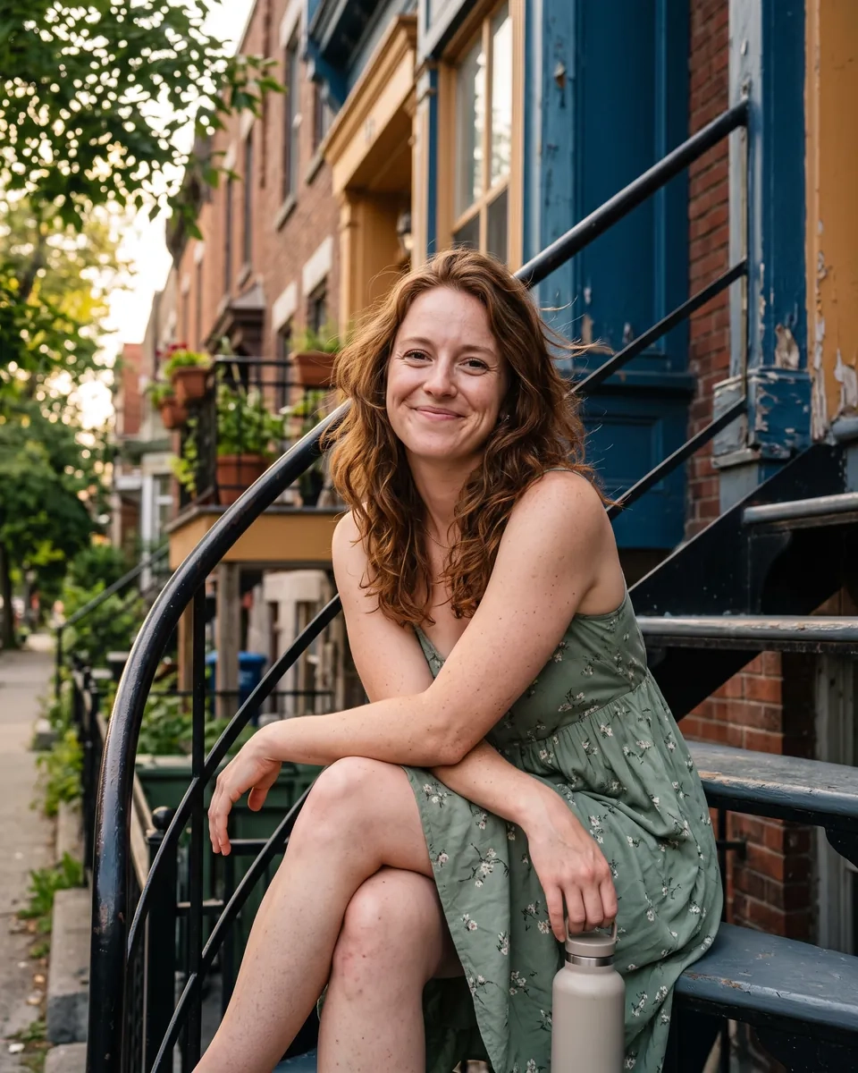 A smiling woman in a summer dress on an outdoor iron staircase in Montreal's Plateau (AI-generated image)