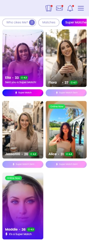 The Super Matches tab, showing sent, received and mutual states.