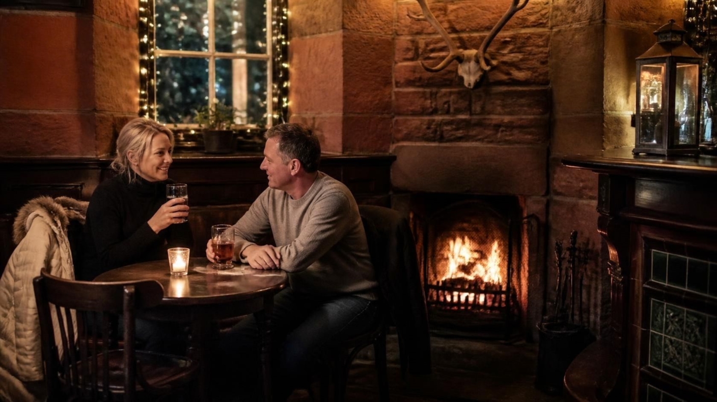A couple sharing a drink by a log fire in a cosy sandstone pub