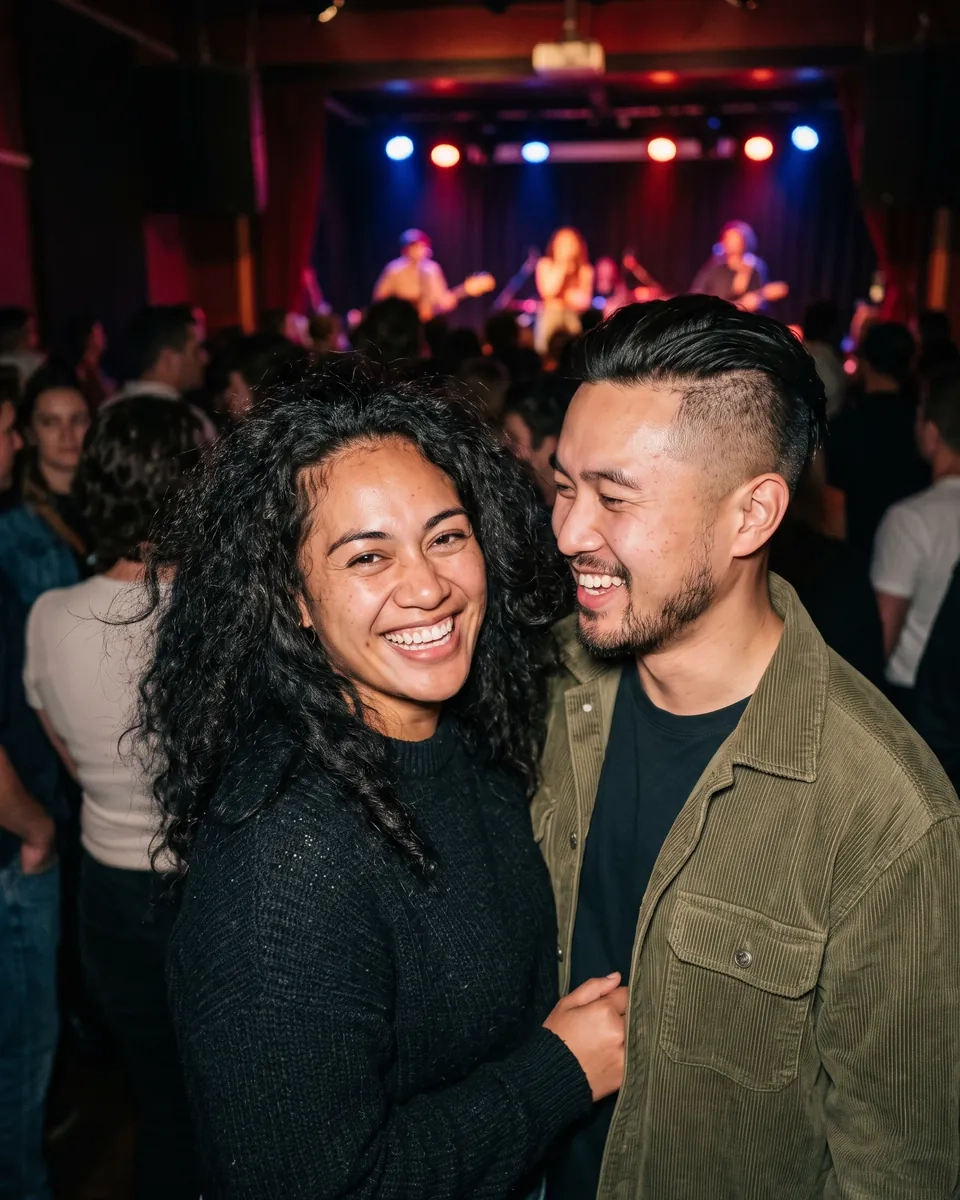 A laughing couple in a dim live-music venue on Auckland's Karangahape Road, a band on stage behind (AI-generated image)