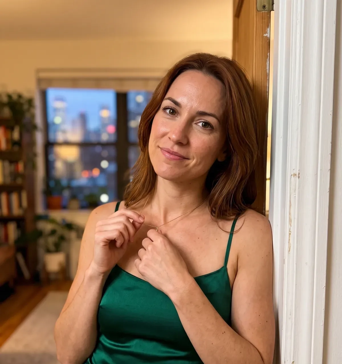 A woman with shoulder-length chestnut hair in an emerald satin dress leans in a doorway at dusk and smiles at the camera, city lights in the window behind her (AI-generated image)
