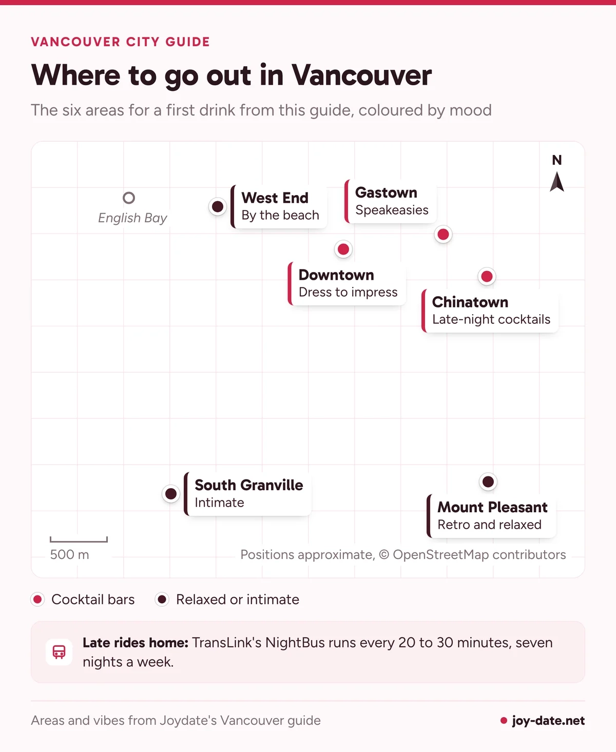 Map of Vancouver first-drink areas: Gastown, Chinatown and Downtown for cocktails, the West End, South Granville and Mount Pleasant