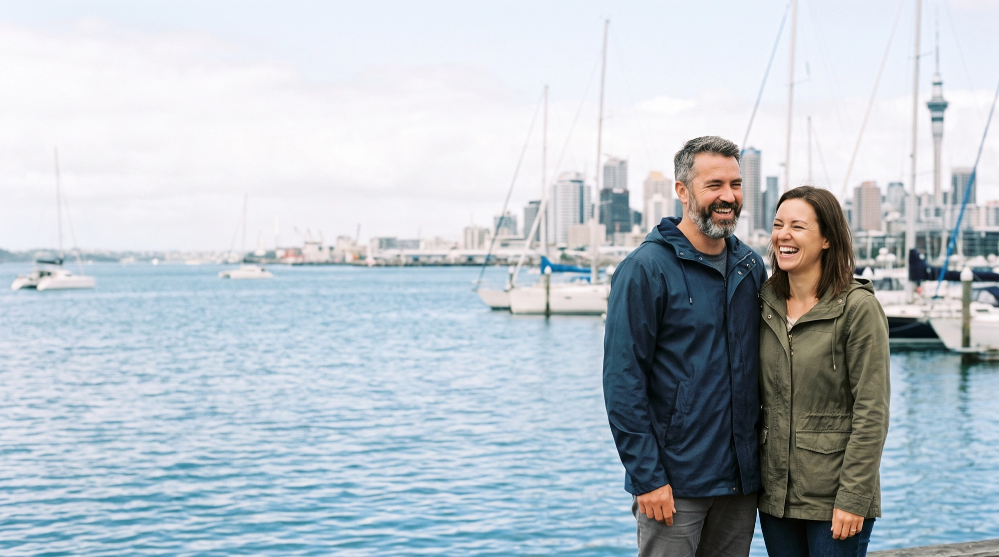A happy couple laughing at the Auckland waterfront with the Sky Tower and harbour behind them