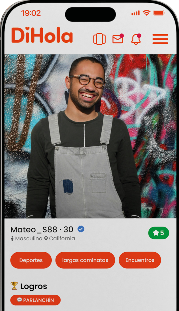 Pantalla de perfil de DiHola de Mateo, 30, con sus intereses e insignias