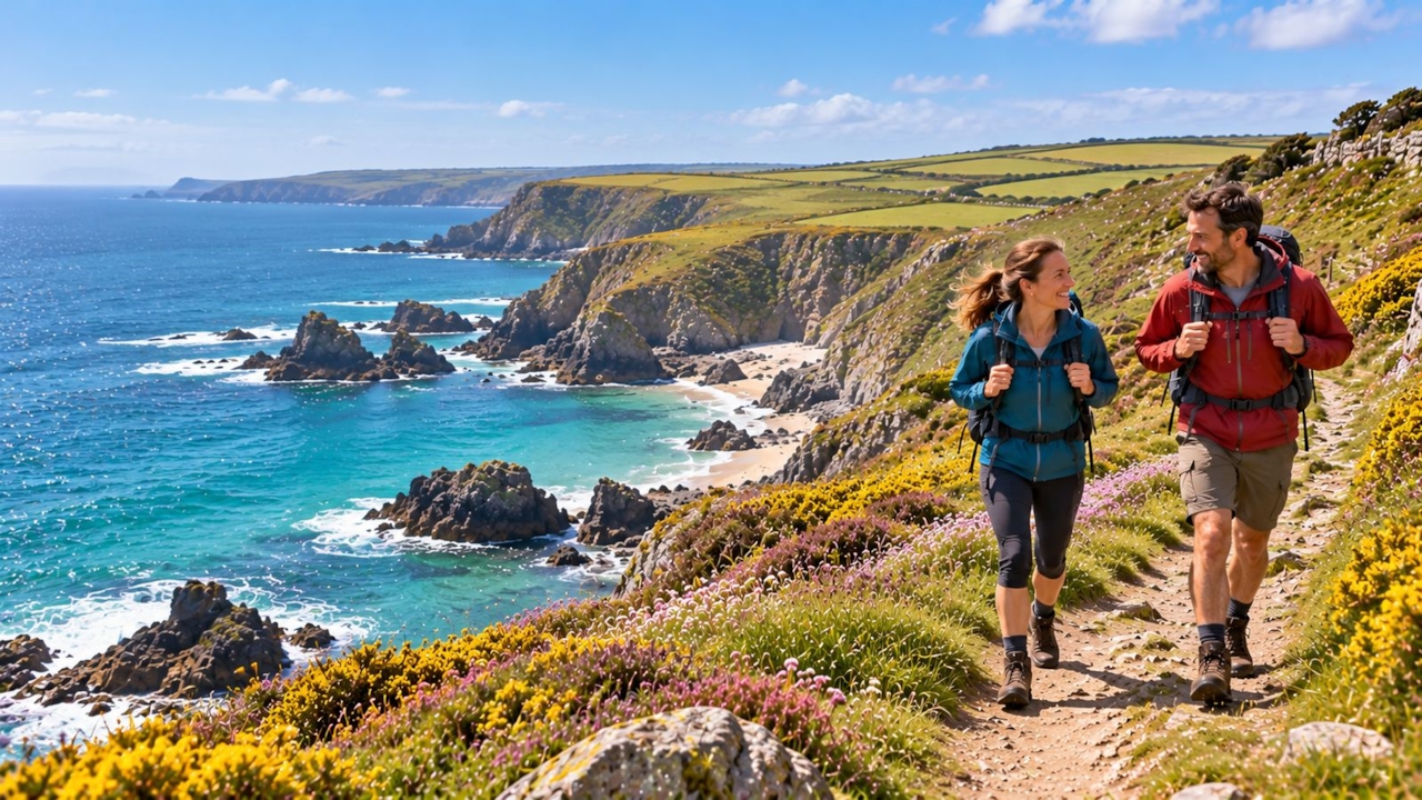 Two walkers on a footpath in Cornwall