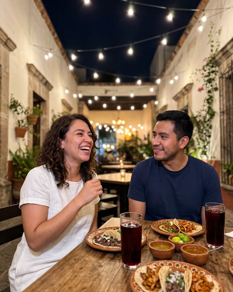 Una pareja se ríe en el patio iluminado de una casona de la Colonia Americana de Guadalajara, con tacos y dos vasos de agua de jamaica en la mesa (imagen generada por IA)