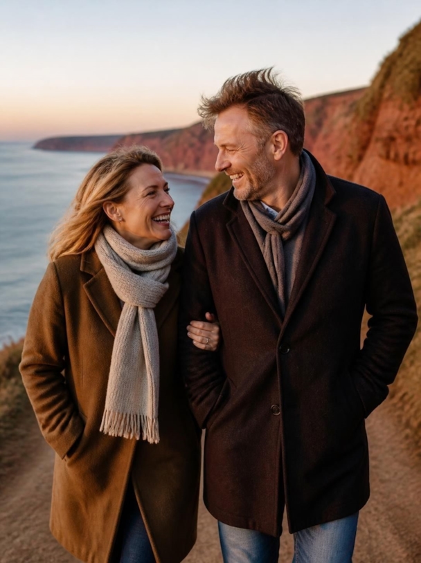 A happy couple in winter coats and scarves walking arm in arm along a red cliff path above the sea