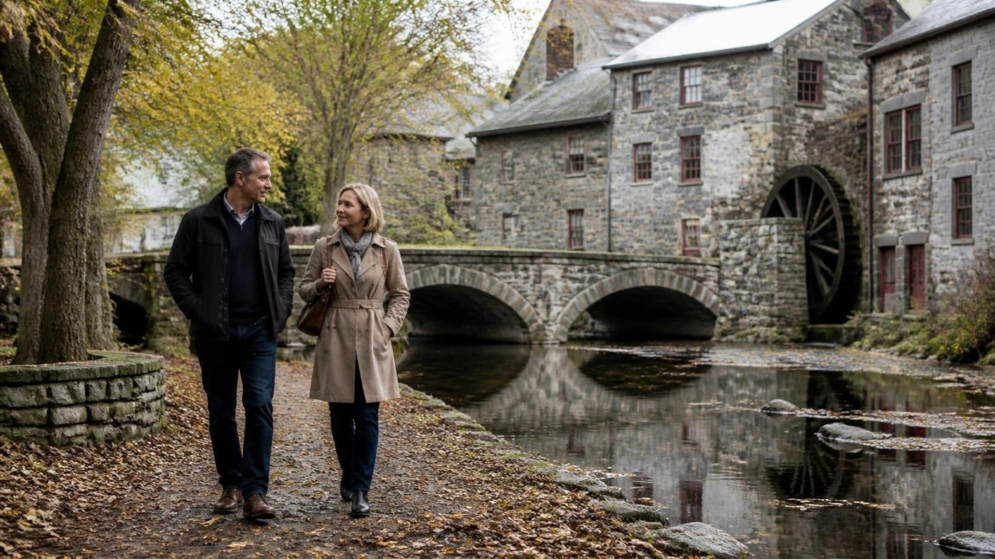 A couple walking and talking by a river past old stone mill buildings and a small bridge in autumn