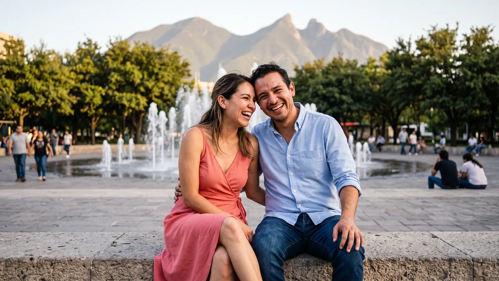 Una pareja se ríe con las cabezas juntas sentada en el borde de una gran plaza con fuentes al atardecer, con montañas en el horizonte (imagen generada por IA)