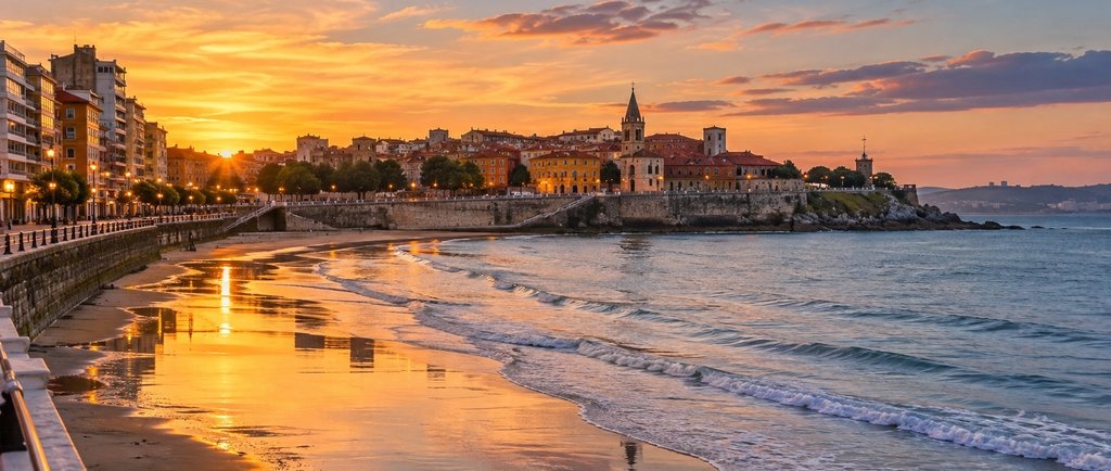 La playa de San Lorenzo de Gijón con Cimadevilla al fondo al atardecer — citas lesbianas en Gijón