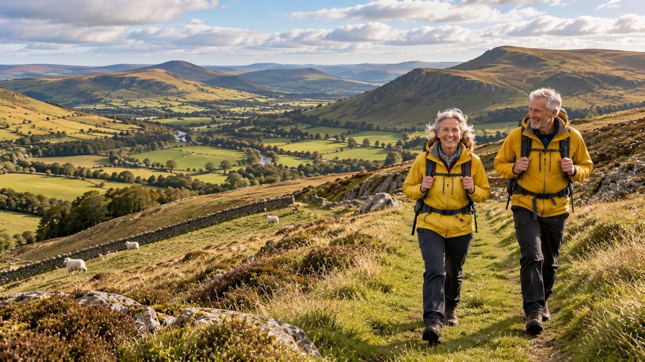 Two walkers on a footpath in Southern Scotland