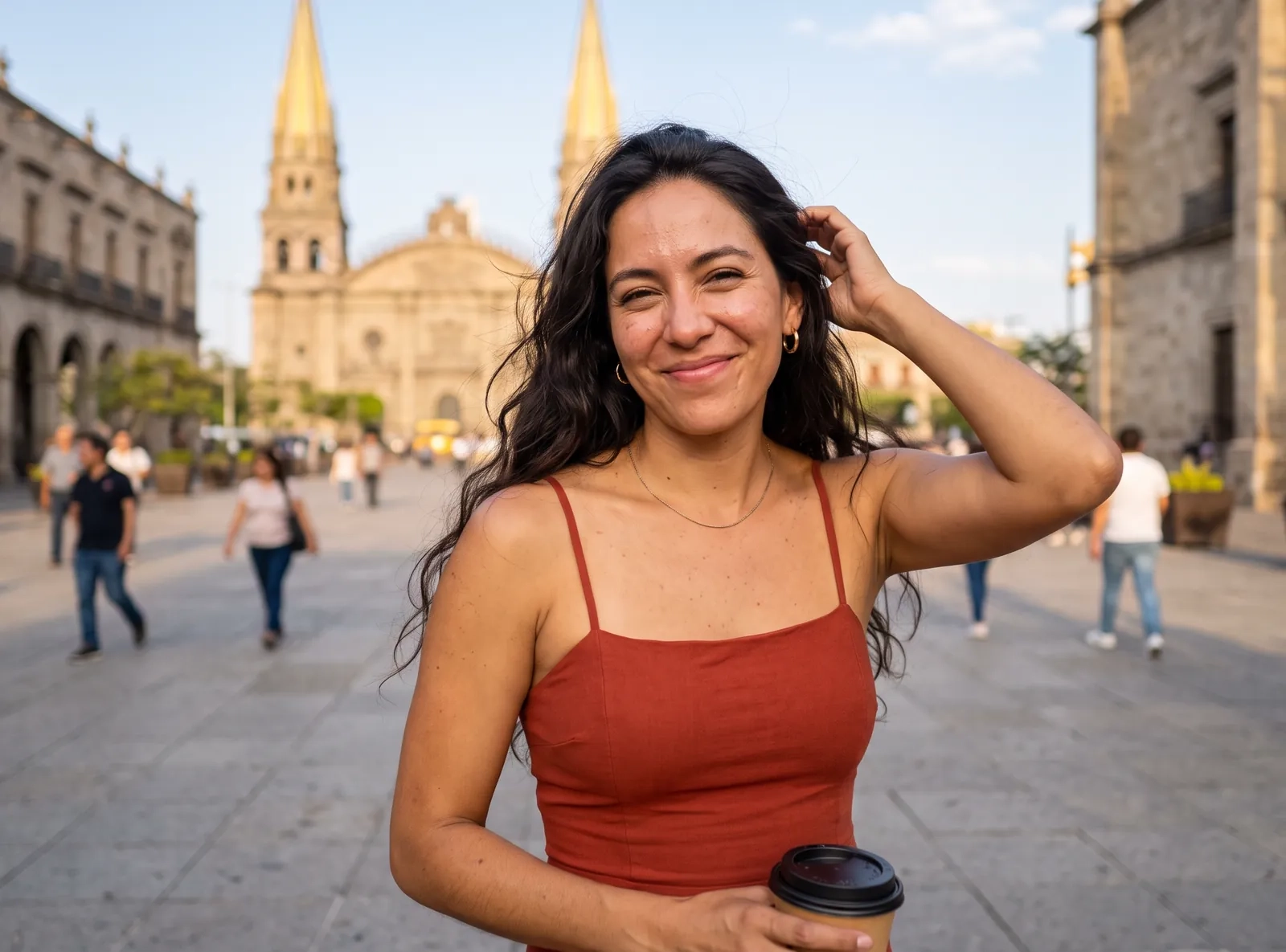Una mujer de pelo largo ondulado y vestido rojo teja sonríe a la cámara en una plaza de piedra del centro de Guadalajara, con las torres de la catedral al fondo (imagen generada por IA)