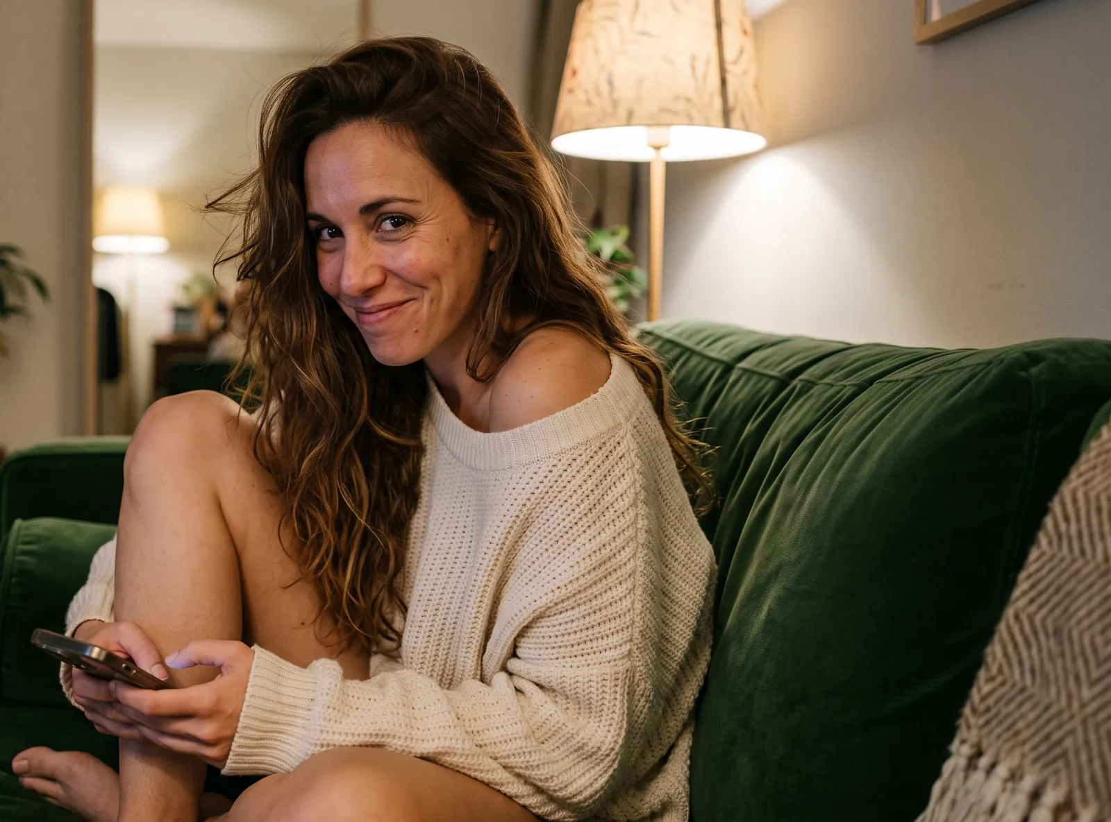 Una mujer de pelo castaño ondulado con un jersey ancho que le deja un hombro al aire, acurrucada en un sofá de terciopelo con el móvil, sonríe con picardía (imagen generada por IA)