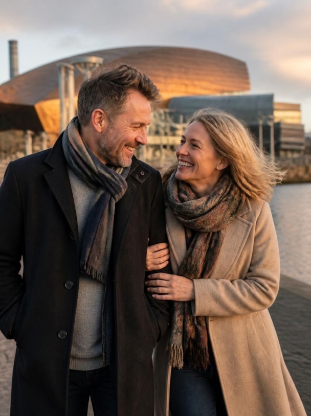A happy couple laughing together on a waterfront promenade at golden hour
