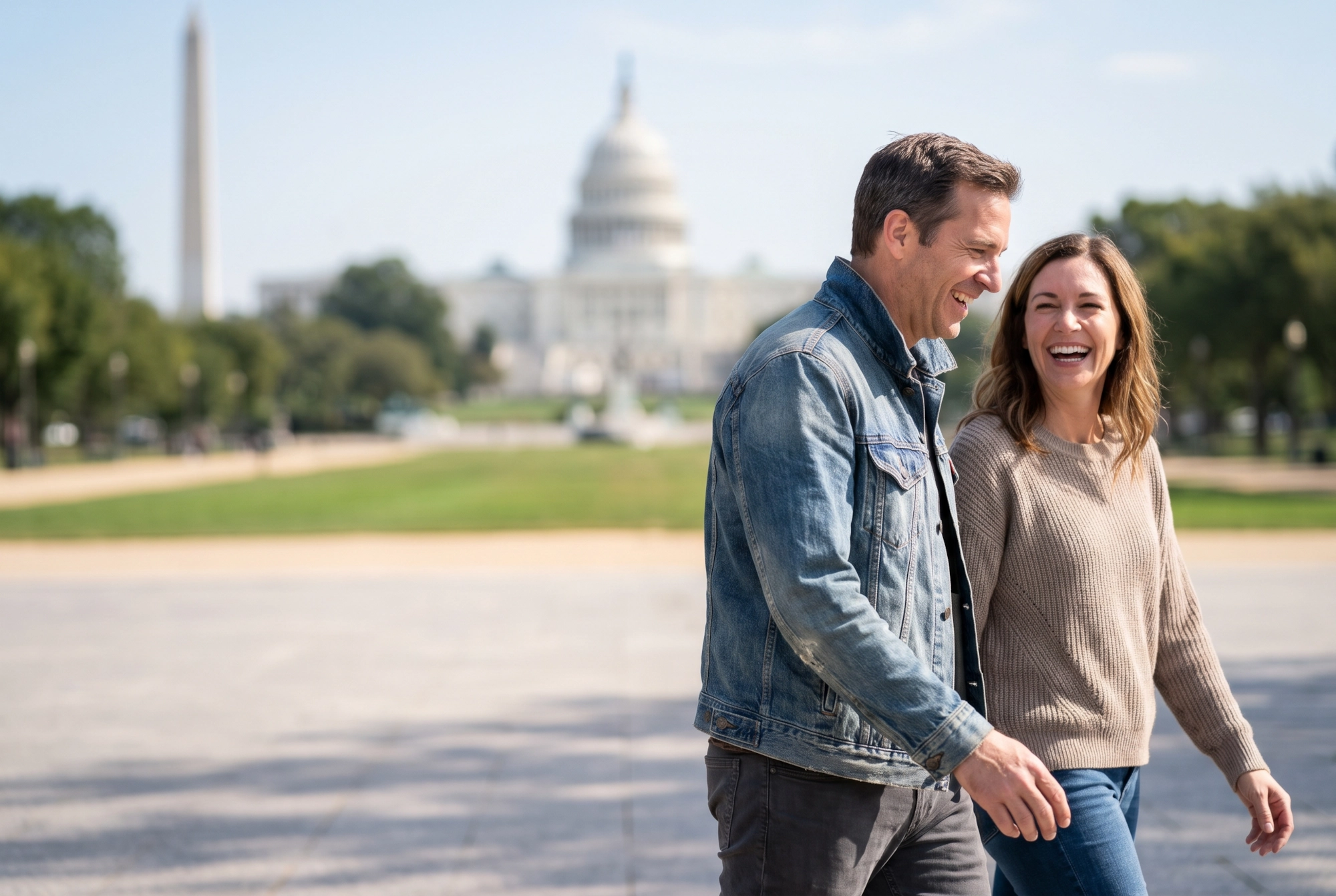 A happy couple walking and laughing together with the US Capitol and Washington Monument behind them