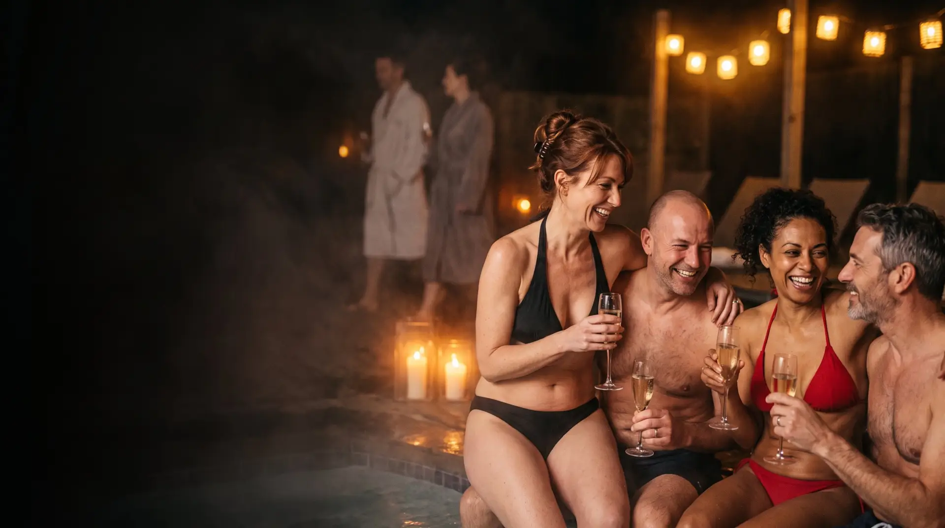 Two couples with champagne in a club hot tub, candles and steam around them
